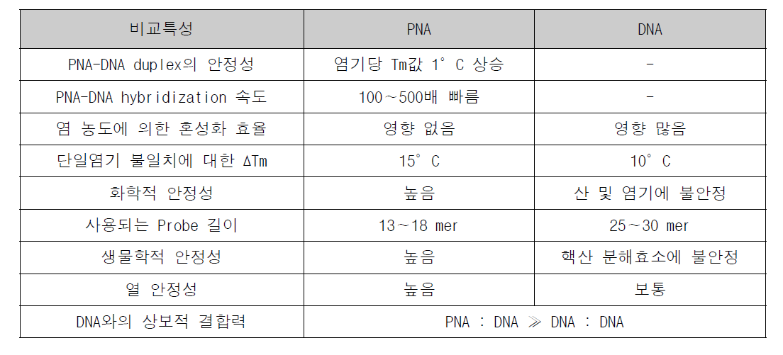 Comparison of characteristics between PNA and DNA