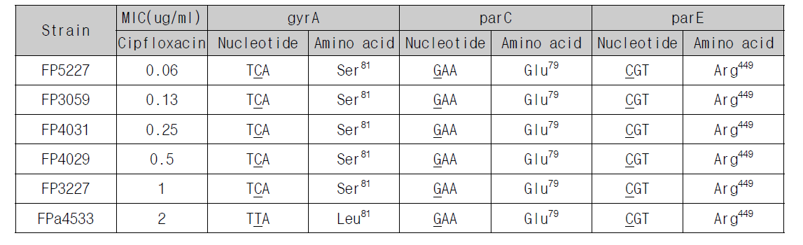 Comparison of MIC of ciprofloxacin with point mutation of S. parauberis gyrA, parC, parE gene