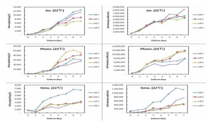 Cell growth and Chlorophyll-a contents of three microalgae species cultured at 22 ℃ with four different culture mediums. (흑백)
