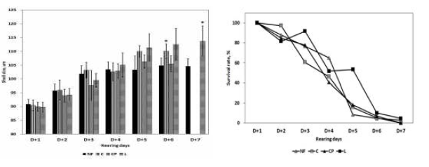 Variation of shell height and survival rate of oyster Crassostrea gigas larvae fed on experimental diets.