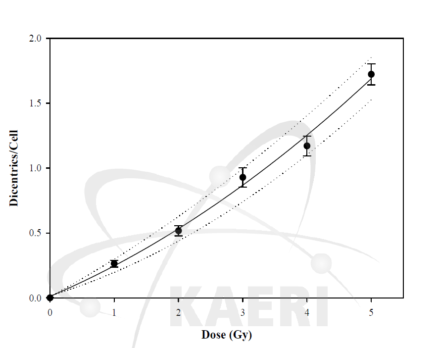 Dose-response curve for dicentric chromosomal aberrations induced by gamma rays in lymphocytes derived from five donors. The fitted values of the coefficients of the linear quadratic function y = c + αD + βD2: c = 0.0123 ± 0.0578; α = 0.2106 ± 0.0544; β = 0.0249 ± 0.0104. Error bars represent the standard error. Dotted lines are the upper and lower 95% confidence intervals. Error bars represent the standard error.