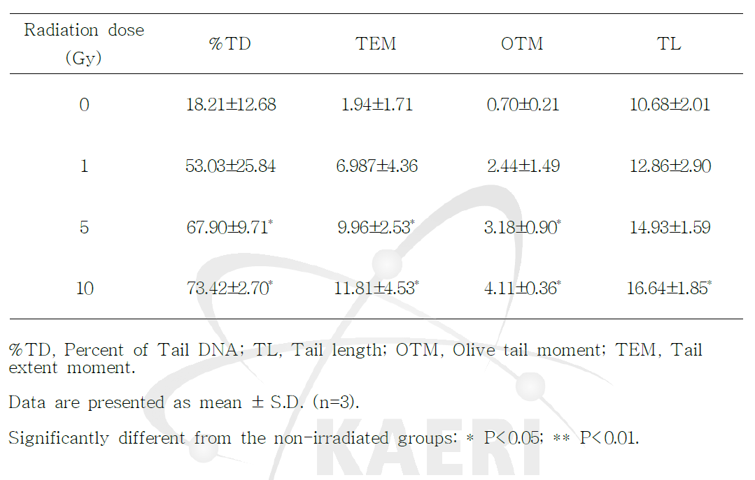 Parameters of DNA damage induced by IR in HepG2 cells