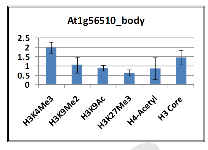 감마선 조사 후 At1g56510 body에서 후성유전 chromatin 마커들의 위치 점유율 변화.