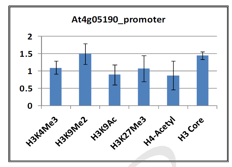 감마선 조사 후 At4g05190 promoter 부위에서 후성유전 chromatin 마커들의 위치 점유율 변화.