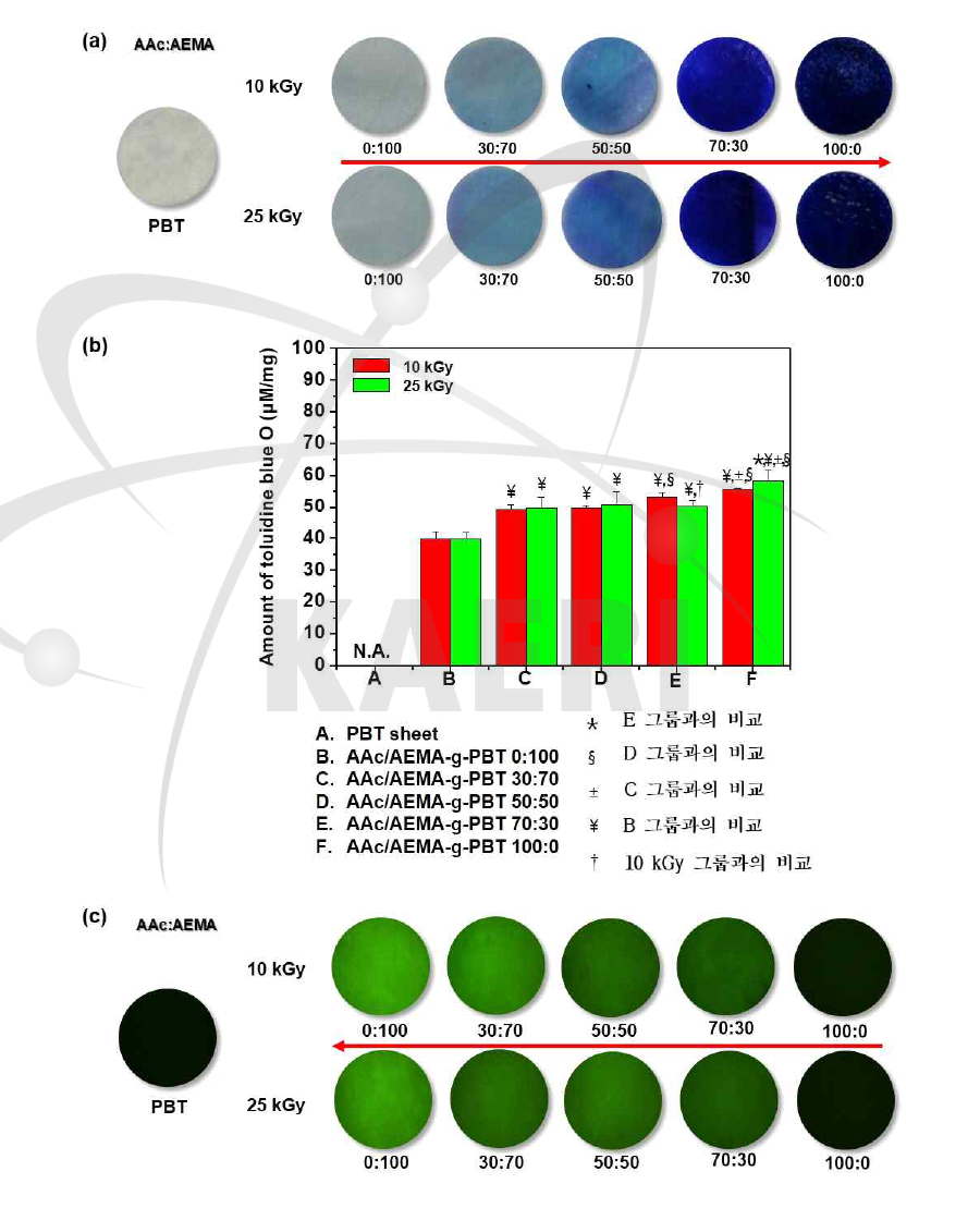 TBO와 Fluorescamine 염색을 통한 AAc/AEMA도입및 그라프트율 분석(p<0.05)