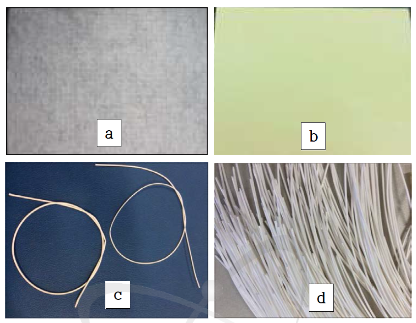 다양한 재질의 멤브레인막 PE(a), PTFE(b), PVDF-Hollow Fiber(c), PE-Hollow Fiber(d).