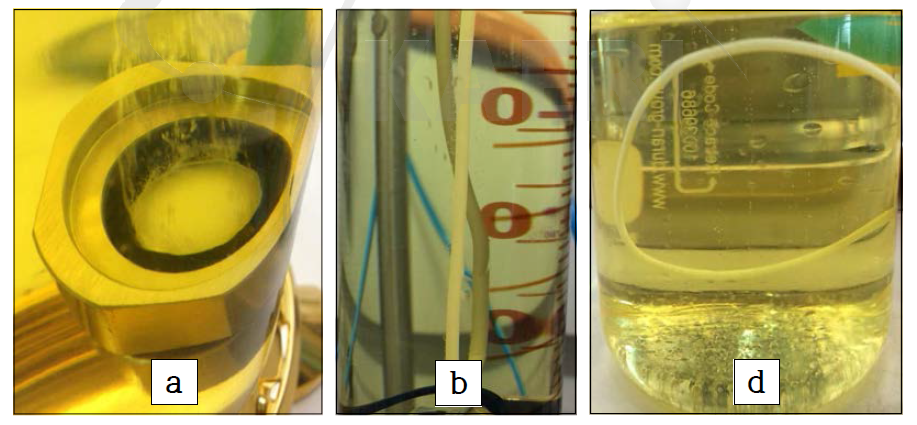 다양한 멤브레인막으로 경유에서 버블링 (PE 평막(a), PTFE-Hollow Fiber(b), PE-Hollow Fiber(d)).