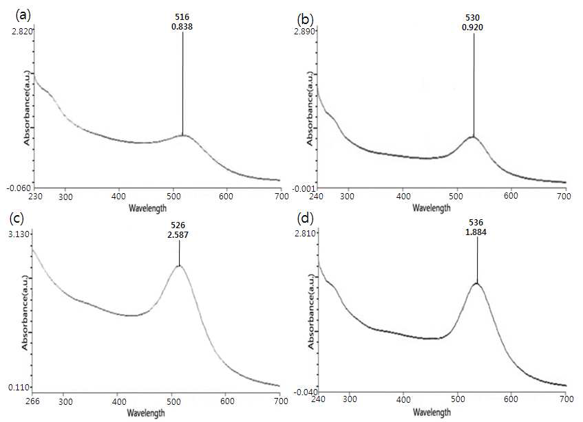 Effect of concentration of HAuCl4 on the absorbance spectrum of GNPs, (a) GNP 4mM, (b) GNP 10mM, (c) GNP 20mM, (d) GNP 20mM; Irradiation condition: 10 kGy, cAbsorbed doses of 10 kGyhr-1