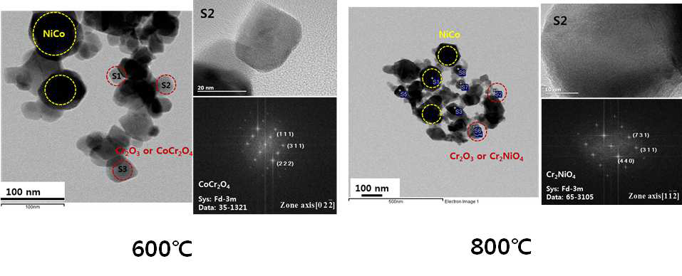 TEM morphologies and diffraction patterns of the as-synthesized powders calcined at 600°C and 800°C for 1h under Ar-40%H2.