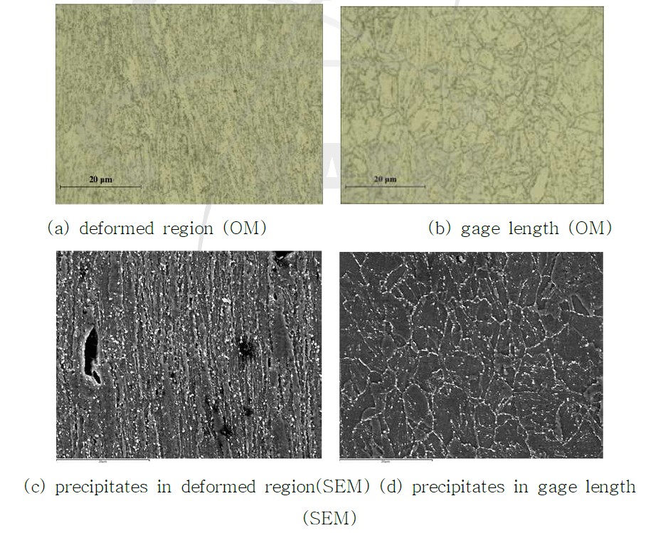 OM and precipitates (SEM) structures of the deformed region and gage length region the specimens ruptured by cyclic creep tests under hold times of 1min at R=0.80