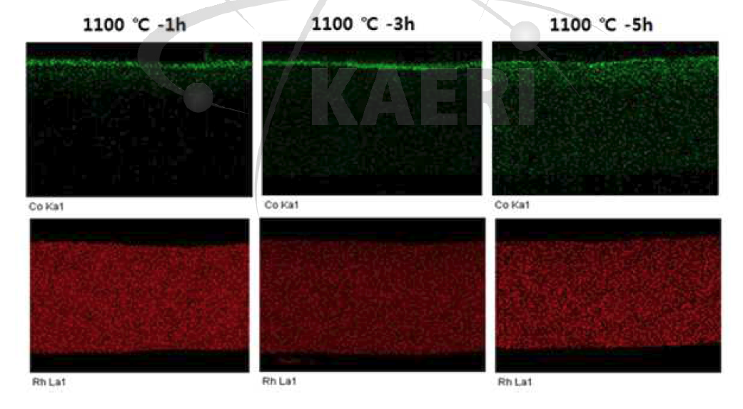 Co/Rh 단면의 동일온도에서의 열처리시간에 따른 EDS 분석 (Ar분위기)