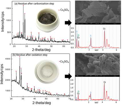 Results of SEM/EDS and XRD pattern analysis of partially carbonized and after carbonized oxidation spent ion exchange resin