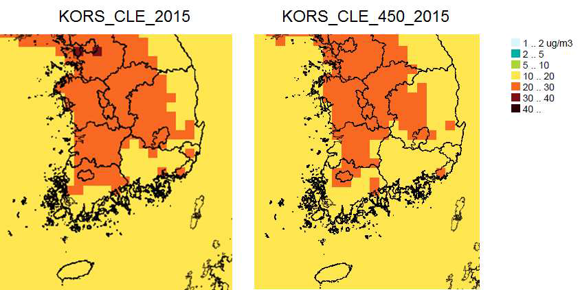 2030년 KORS_CLE_2015와 KORS_CLE_450_2015의 PM2.5 대기 농도 비교