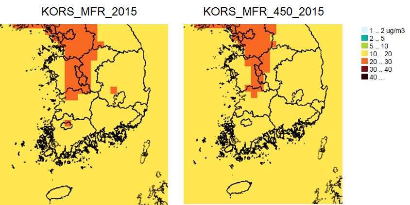 2030년 KORS_MFR_2015와 KORS_MFR_450_2015의 PM2.5 대기 농도 비교