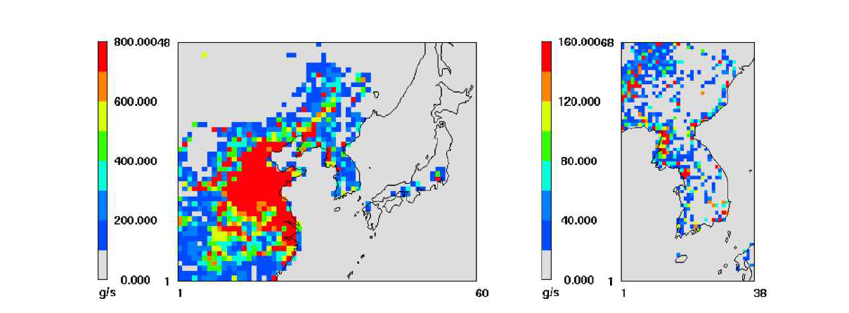 Example of spatial distribution of annual averaged PM10 emissions for the year 2005