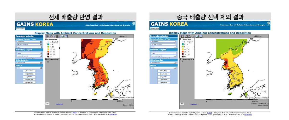 Comparison of spatial distributions of annul average PM2.5 concentrations derived by GAINS-Korea between with and without China emissions.