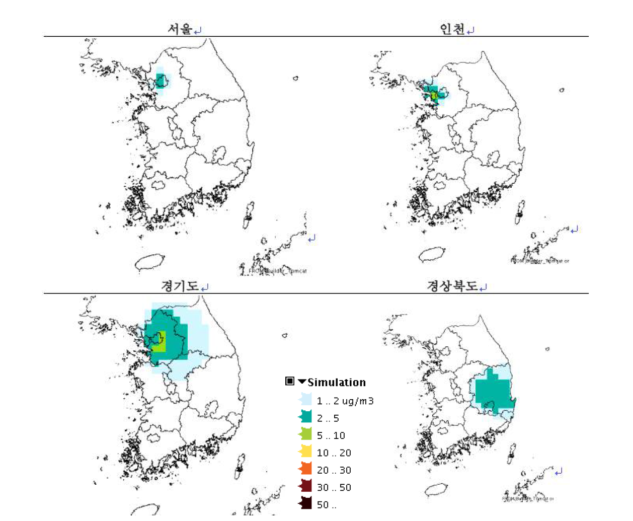 Example of display map for spatial distribution of PM2.5 concentrations from for each source regions in S. Korea derived by GAINS-Korea