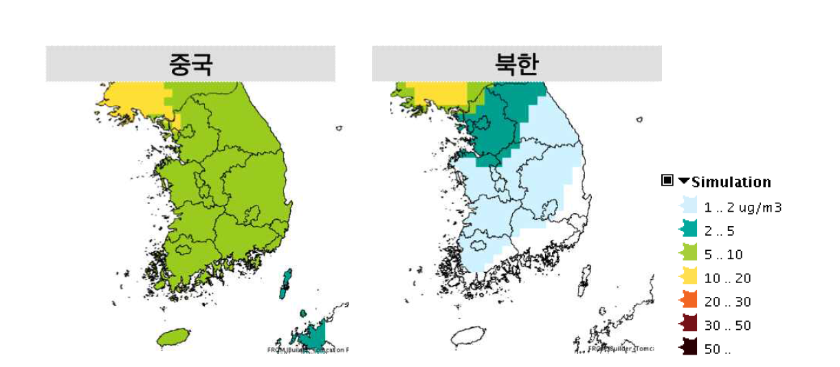 Example of display map for spatial distribution of PM2.5 concentrations from China (left panel) and N. Korea (right panel) derived by GAINS-Korea