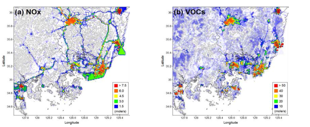 대기오염 모형에 적용된 (a) NOx 와 (b) VOCs 배출량