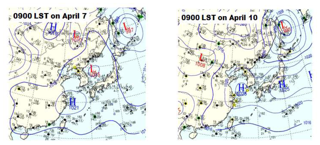 연구 대상일(4월 7일, 10일)의 지상일기도