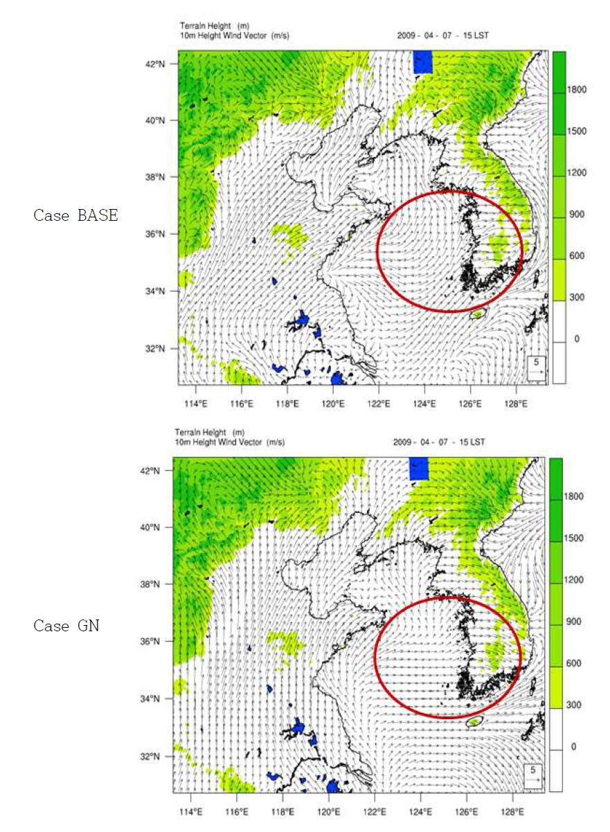 case BASE와 case GN에 의하여 산출된 4월 7일 15시의 바람장