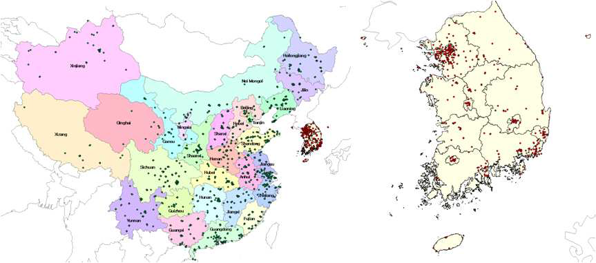 예보모델 초기조건 자료동화를 위한 중국 및 국내 측정망 위치