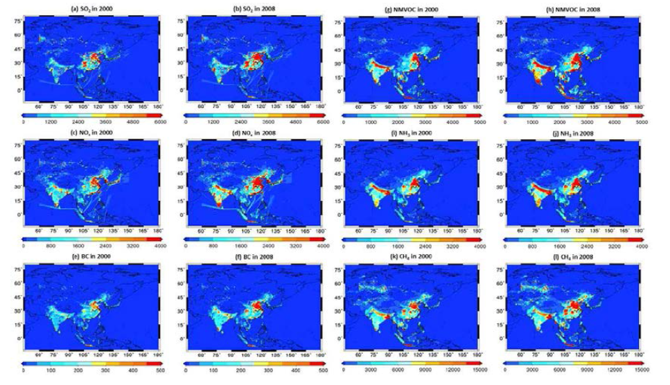 아시아 2000년, 2008년 REAS 배출량 분포