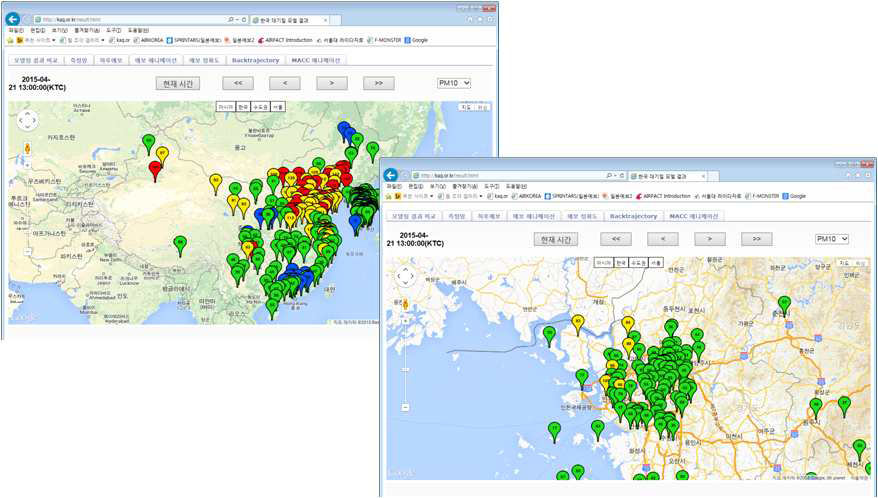 구글맵을 이용한 중국 및 국내 측정망 자료 분포도