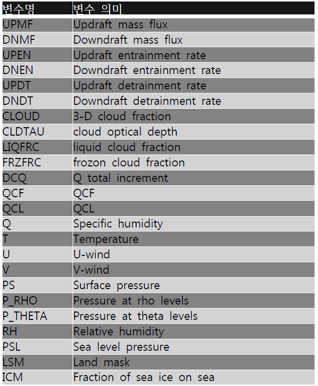 UM/GEOS-Chem 6시간 기상변수 목록