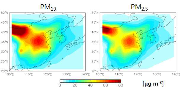 GEOS-Chem을 통하여 모의된 동아시아의 지면 PM10과 PM2.5의 농도