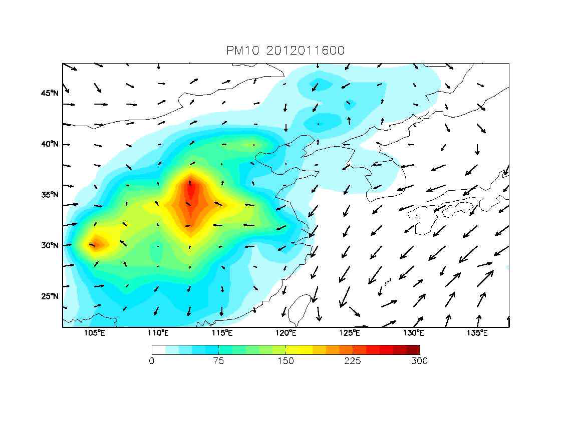 GEOS-Chem/UM을 통하여 모의된 2012년 1월 16일 00시의 PM10 농도