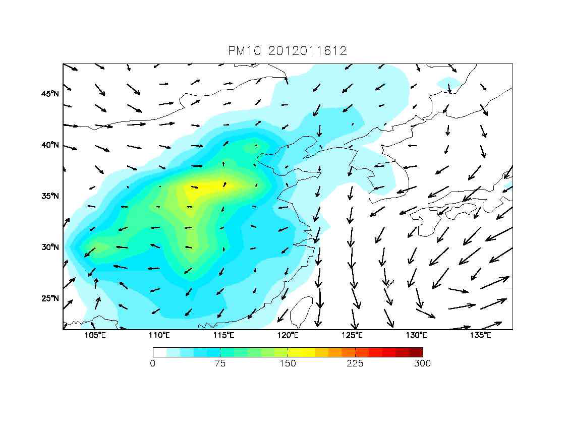 GEOS-Chem/UM을 통하여 모의된 2012년 1월 16일 12시의 PM10 농도