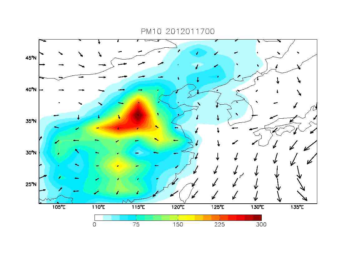 GEOS-Chem/UM을 통하여 모의된 2012년 1월 17일 00시의 PM10 농도