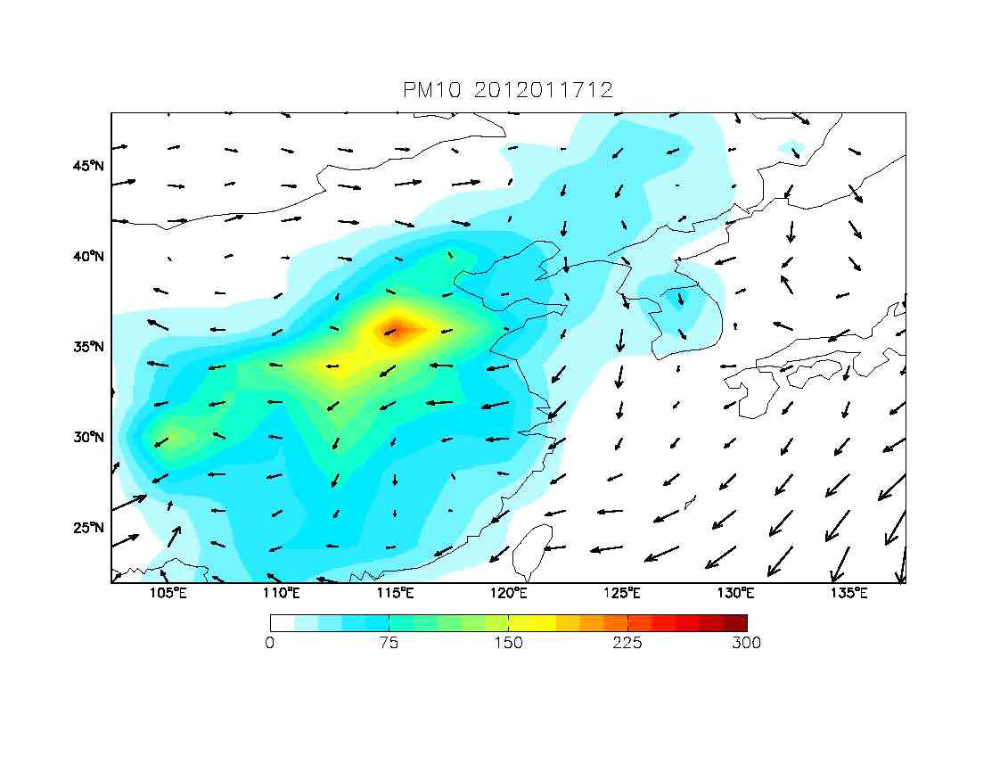 GEOS-Chem/UM을 통하여 모의된 2012년 1월 17일 12시의 PM10 농도