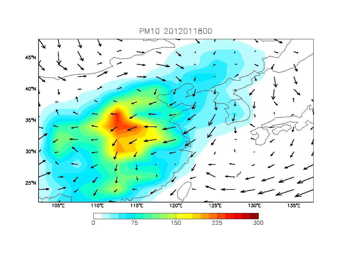 GEOS-Chem/UM을 통하여 모의된 2012년 1월 18일 00시의 PM10 농도