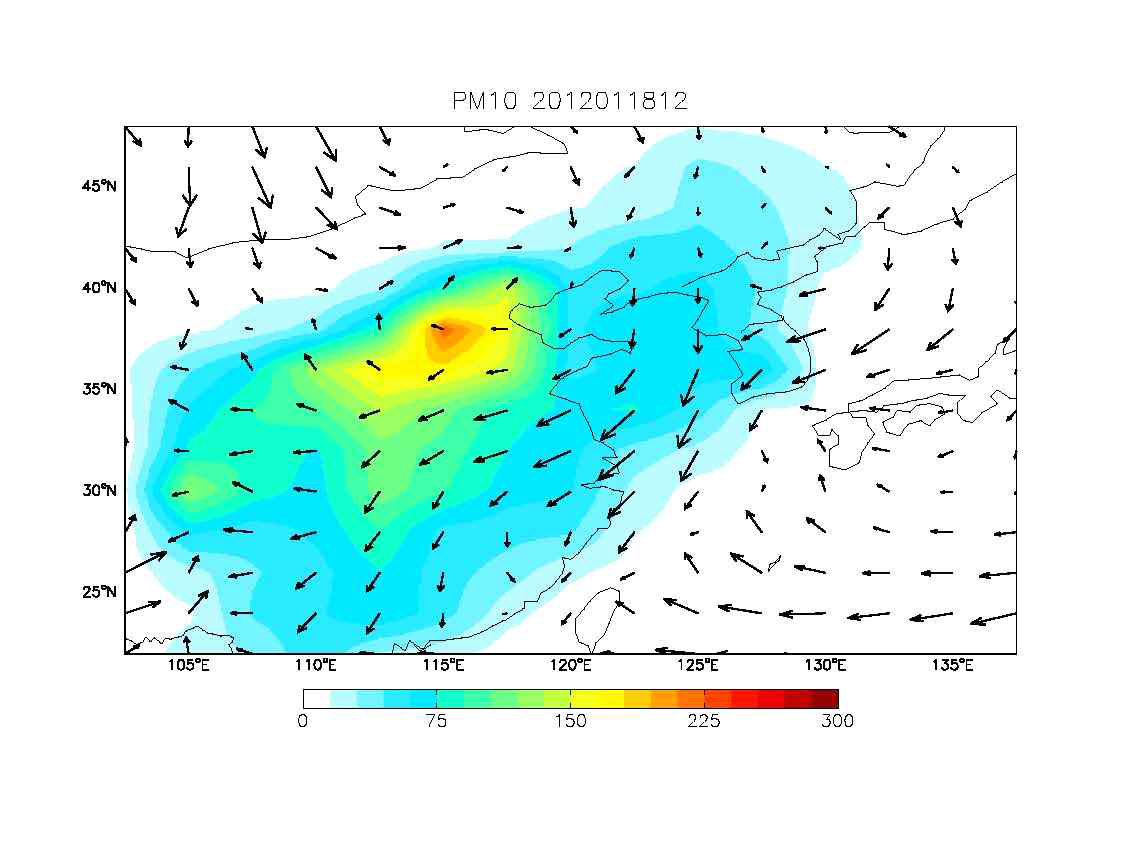 GEOS-Chem/UM을 통하여 모의된 2012년 1월 18일 12시의 PM10 농도