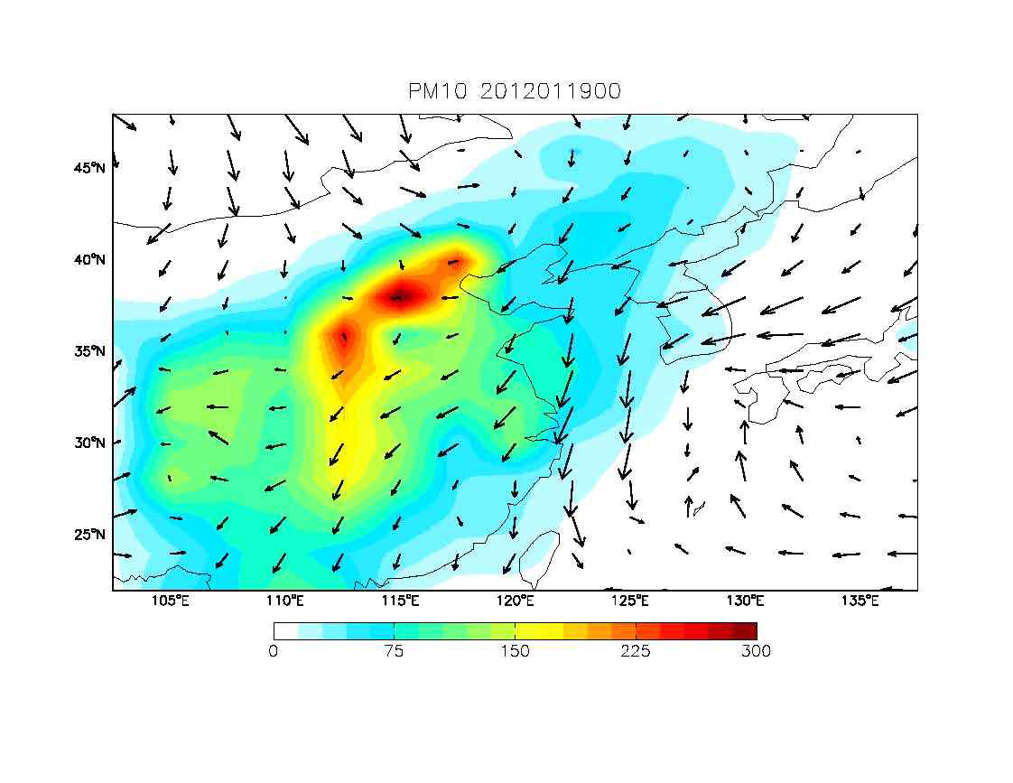 GEOS-Chem/UM을 통하여 모의된 2012년 1월 19일 00시의 PM10 농도
