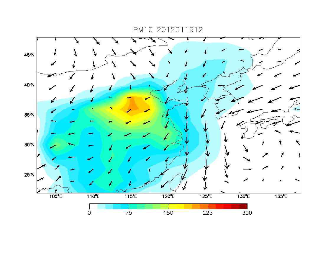 GEOS-Chem/UM을 통하여 모의된 2012년 1월 19일 12시의 PM10 농도