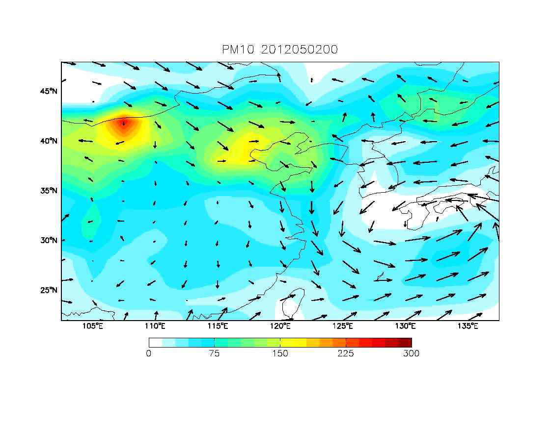 GEOS-Chem/UM을 통하여 모의된 2012년 5월 2일 00시의 PM10 농도