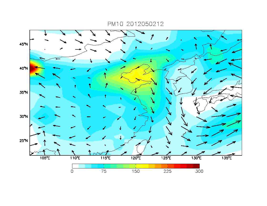 GEOS-Chem/UM을 통하여 모의된 2012년 5월 2일 12시의 PM10 농도