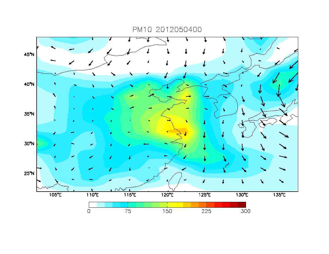 GEOS-Chem/UM을 통하여 모의된 2012년 5월 4일 00시의 PM10 농도