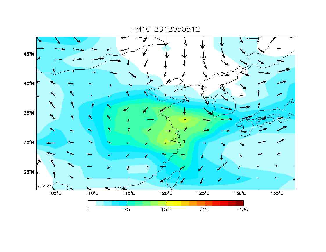 GEOS-Chem/UM을 통하여 모의된 2012년 5월 5일 12시의 PM10 농도