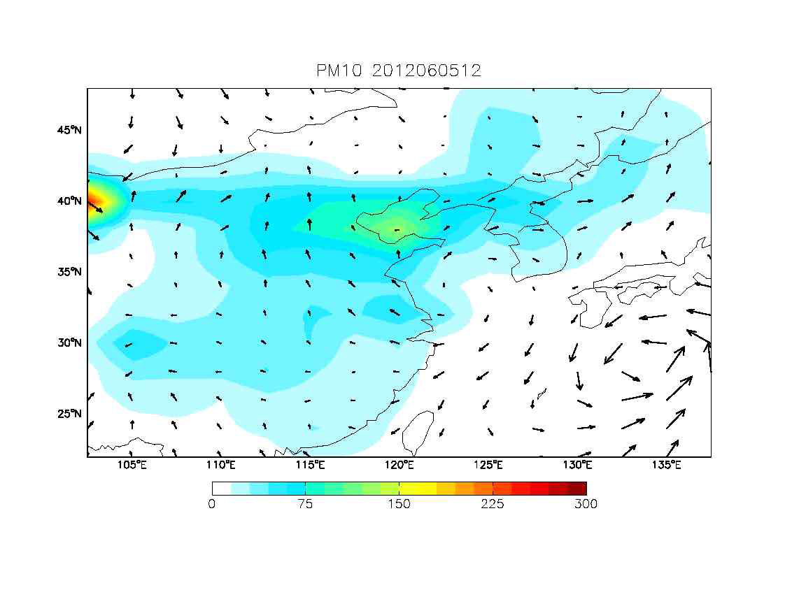 GEOS-Chem/UM을 통하여 모의된 2012년 6월 5일 12시의 PM10 농도