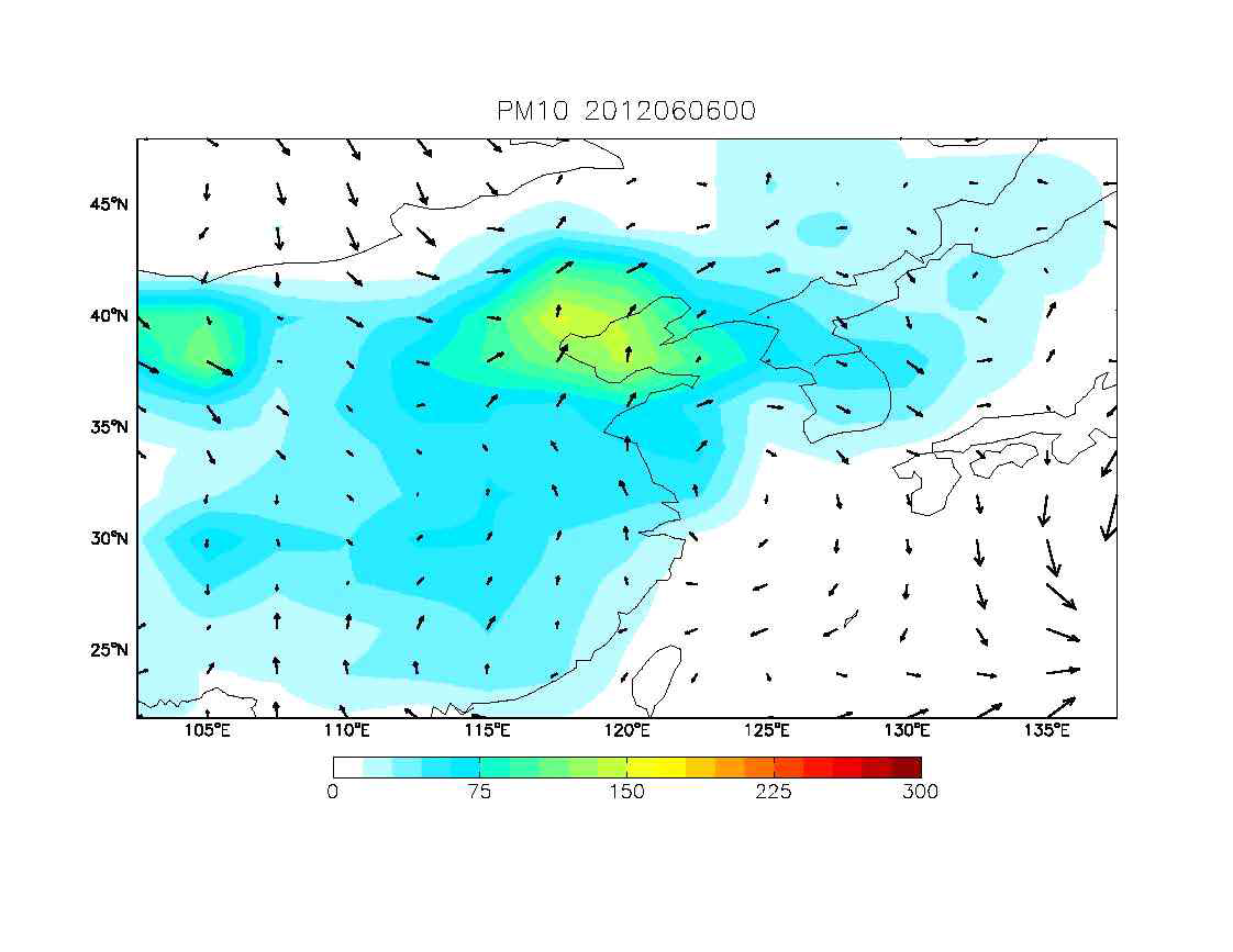 GEOS-Chem/UM을 통하여 모의된 2012년 6월 6일 00시의 PM10 농도