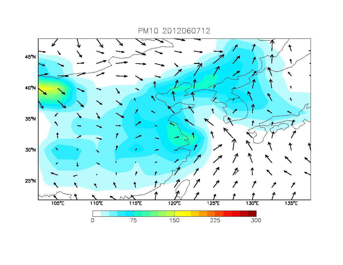 GEOS-Chem/UM을 통하여 모의된 2012년 6월 7일 12시의 PM10 농도