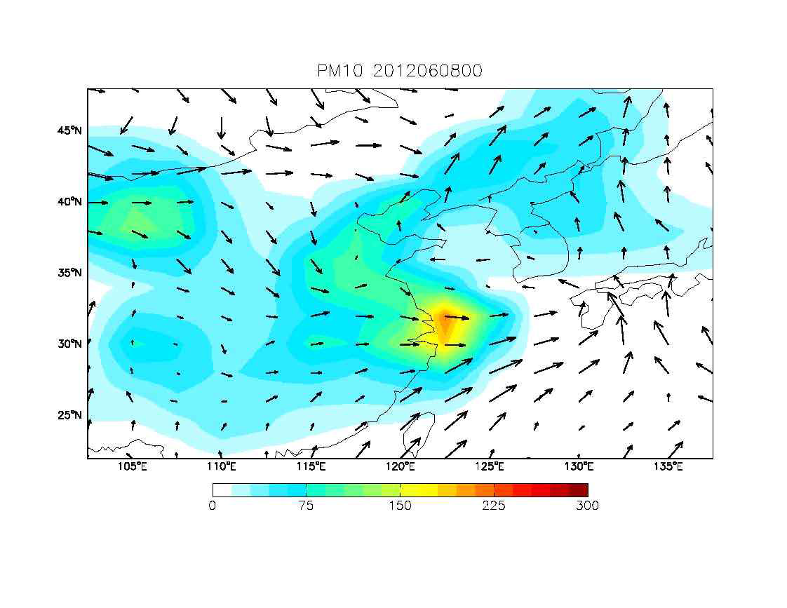 GEOS-Chem/UM을 통하여 모의된 2012년 6월 8일 00시의 PM10 농도