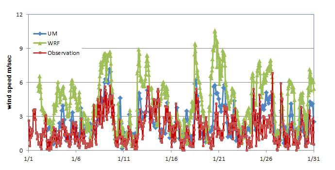 광주 기상대 관측치와 UM과 WRF 모사결과 비교