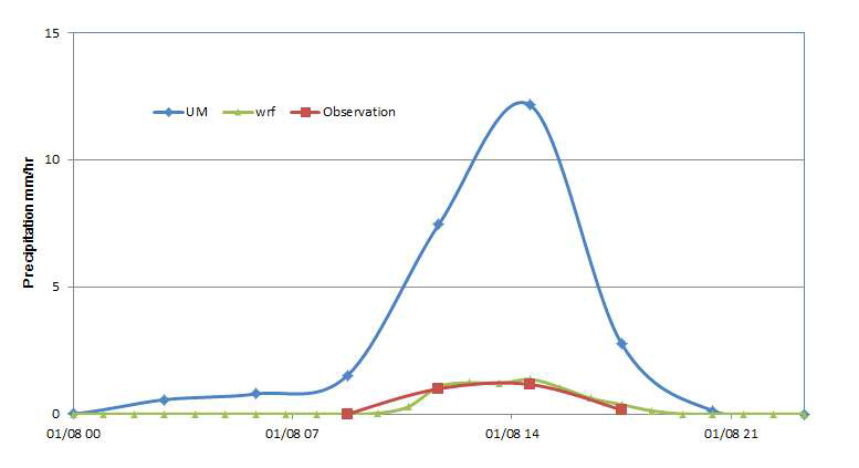 부산에서 강수 관측치와 UM과 WRF 모사치 비교