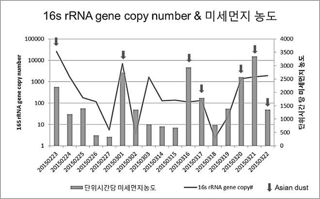 2015년 서울 지역 2월, 3월 미세먼지 농도와 채취 시료의 16S rRNA 유전자 정량 분석