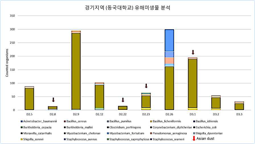 2015년 경기 지역 시료 내 조사 대상 미생물 군집 분석 결과